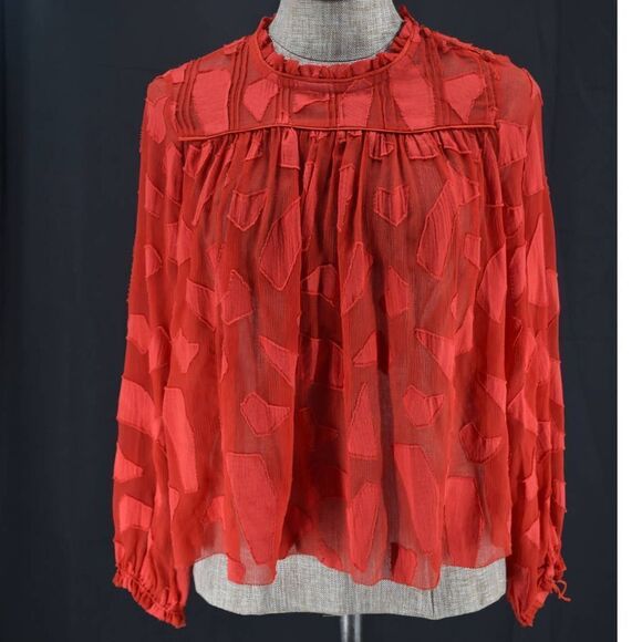 Le Fou Wilfred Sheer Ruffle Neck Geometric Red Long Sleeve Blouse- XXS - Picture 3 of 8
